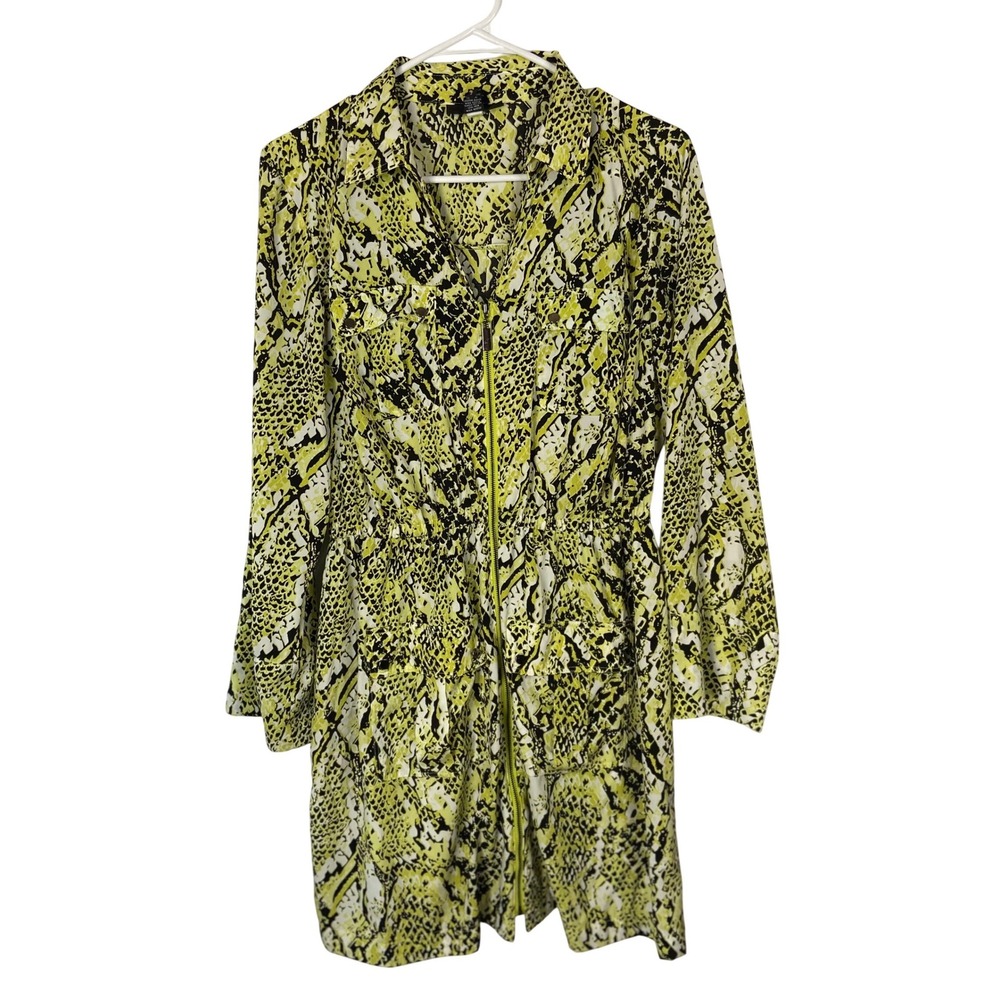 Alfani‎ Womens Snakeskin Print Zip Front Shirt Dress Lime Green Black Size 12